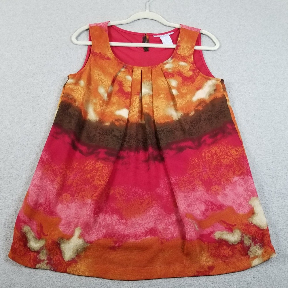 Tara Ryan Blouse Women M Medium Orange Pink Abstract Pleated Sleeveless Tank Top